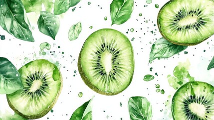 Fototapeta premium Watercolor painting depicts sliced kiwis and green leaves scattered around