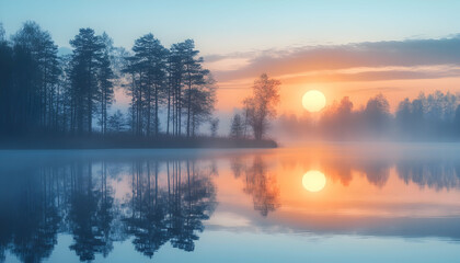 Fototapeta premium Serene lake at sunrise reflecting trees and sky
