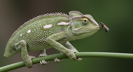 Fototapeta premium Focused Chameleon Capturing Insect with Sharp Eye Vision on Green Plant Stem