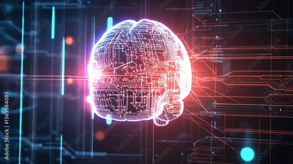 Poster digital brain: a luminescent digital rendering of a brain pulses with energy, interwoven with intric