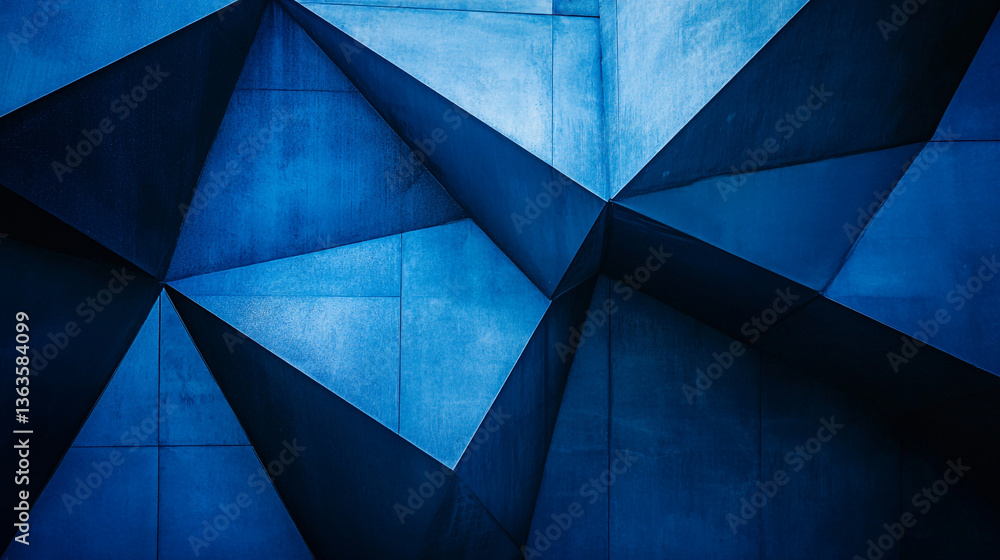 Poster a close up view of a blue geometric wall with triangular and square shapes in various shades of blue