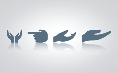 Obraz premium Hand gesture icons. pointer, begging, thumbs up, and thumbs down with grey color, with a silver background