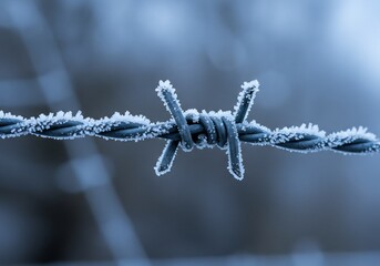 凍える朝、霜のついた有刺鉄線、静寂な風景