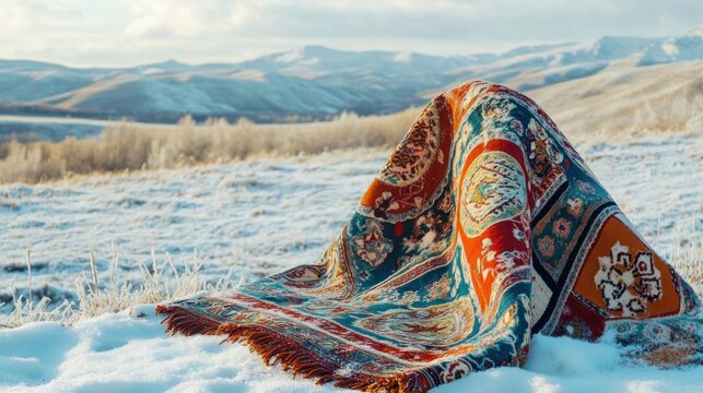 A traditional Mongolian deel with ornate patterns, winter landscape background --ar 16:9 --v 6.1 Job ID: 3db1af42-0982-4d71-bc12-c1e1be29ea61