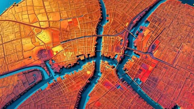 Bright thermal satellite map of city with streets and river seen from above
