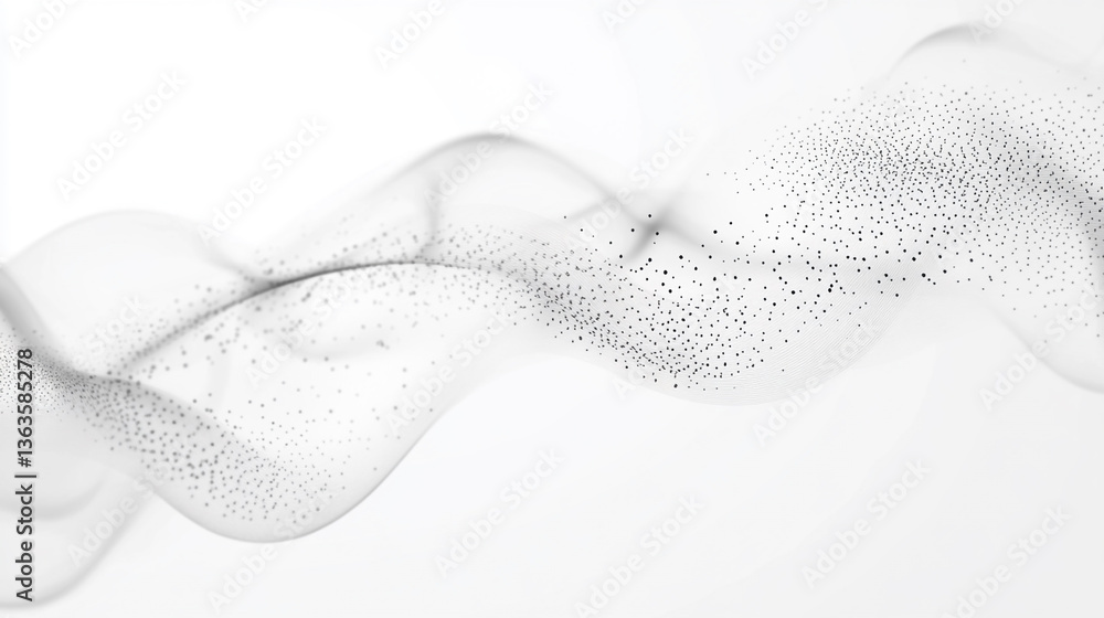 Poster abstract flowing white wave with dispersed black particles on a bright white background design eleme
