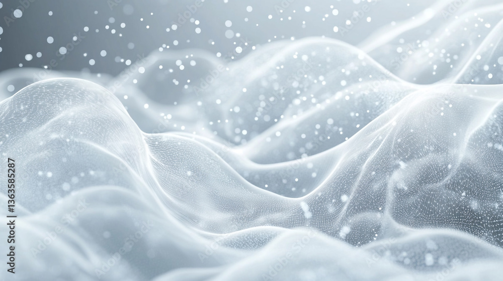 Poster abstract white and blue wavy surface with small white particles floating above it in soft light