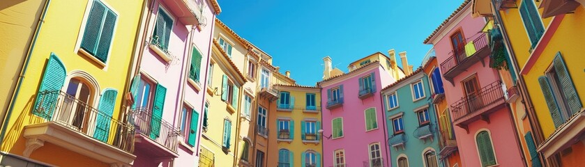 Fototapeta premium Colorful buildings, narrow street, sunny day, coastal town, travel background