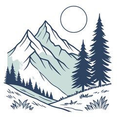 Fototapeta premium Mountain landscape with pine trees and sun in a graphic style 