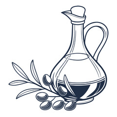 Olive oil bottle with olives on a branch in a vintage style  
