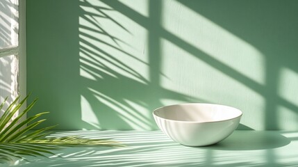 Bowl sits on a surface, casting shadows, next to foliage, in sunlight