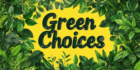 Global recycling day with sustainability and resources idea. Green choices surrounded by leaves on a bright yellow background.