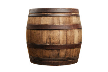 Fototapeta premium Rustic wooden barrel with metal hoops for storage or decoration, cut out
