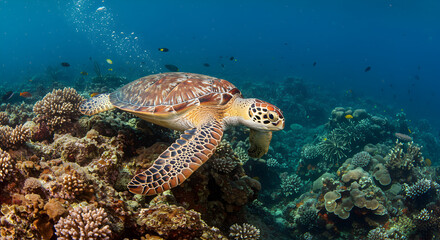 Obraz premium Majestic sea turtle peacefully swimming above a vibrant coral reef ecosystem