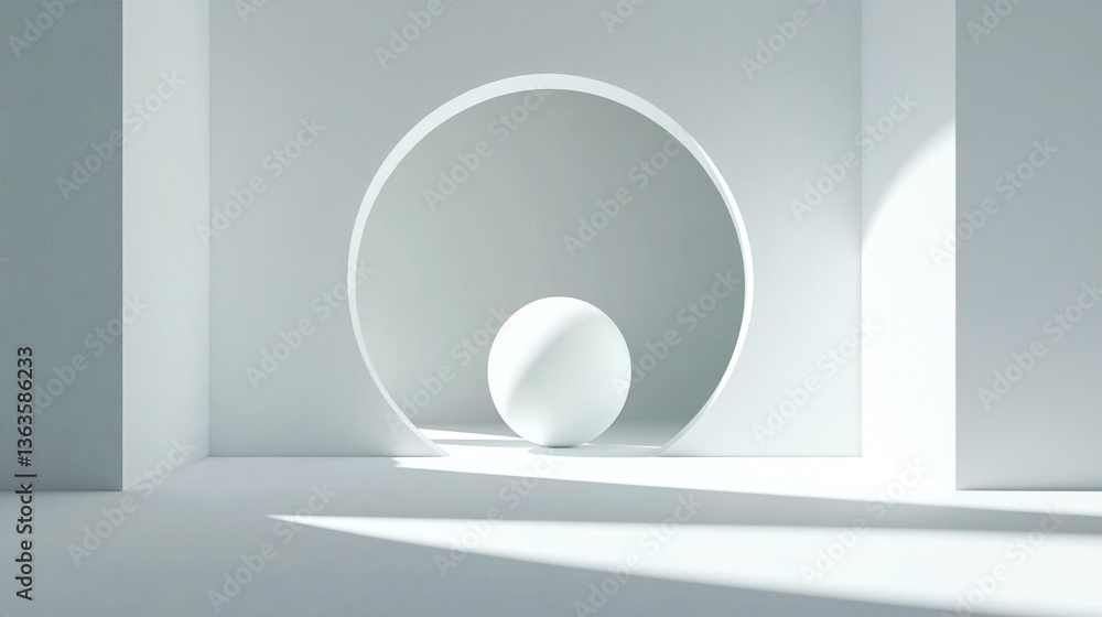 Poster white sphere nestled inside a circular opening with geometric shapes and light play in the backgroun