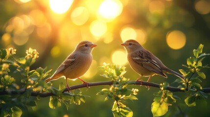Obraz premium Two sparrows perched on a branch at sunset, facing each other.