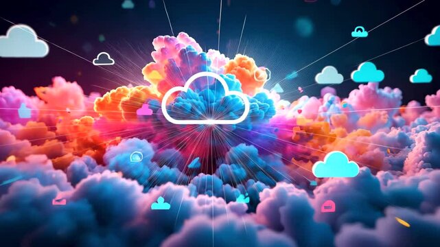 Colorful animated digital cloud with glowing icons in vibrant abstract background
