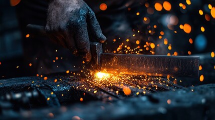 A blacksmith carefully crafting metal with tools in the workshop