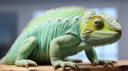 Obraz premium Close-Up of Vibrant Green Chameleon with Detailed Scales in Exotic Macro Wildlife Photography, Reptile, Skin Texture