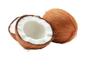 Halved coconut on white background showing brown husk and white flesh, cut out
