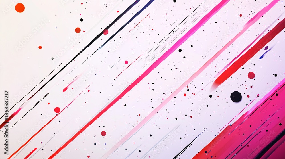 Poster abstract background with diagonal lines and dots in red black and pink on a white surface