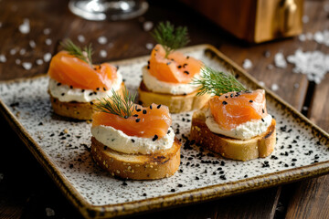 Mini gourmet bruschetta with smoked salmon, cream cheese, and dill. Elegant appetizer for fine dining and celebrations.   