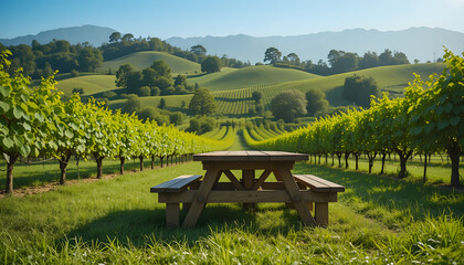 Wood picnic empty table with benches in a lush vineyard with rolling green hills under a clear blue sky. Ideal for wine tourism, agribusiness, hospitality, and advertising. 