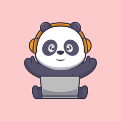 Cute panda with laptop and headphone cartoon icon illustration	
