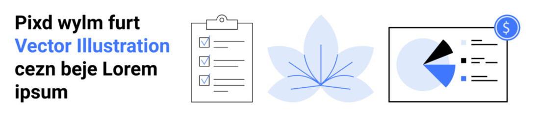 Checklist clipboard with marked tasks, blue petal design symbolizing wellness, financial chart for analysis. Ideal for productivity, wellness, finance, planning, business, analytics simple landing