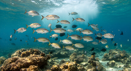 Mesmerizing School of Jackfish Swimming in a Coral Reef Ecosystem underwater