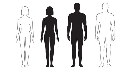 human body man and woman silhouette, male and female figure. vector monochrome isolated person outline standing full height. Outline and black people anatomy representation