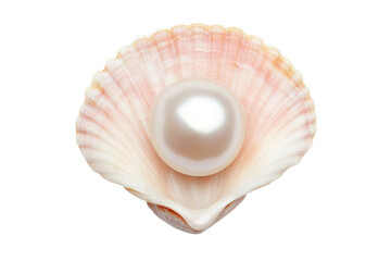 Close-up of lustrous pearl in open pink seashell on black background, cut out