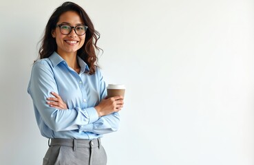 Attractive businesswoman stands with crossed arms, holding coffee cup, smiling. Woman wears glasses, pro business attire in office. Confident business lady enjoys a break, ready for work.