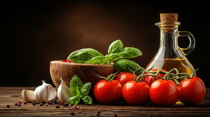   A bowl of fresh tomatoes, basil, and finely minced garlic sits nearby a clear bottle of olive oil on an antique wooden table