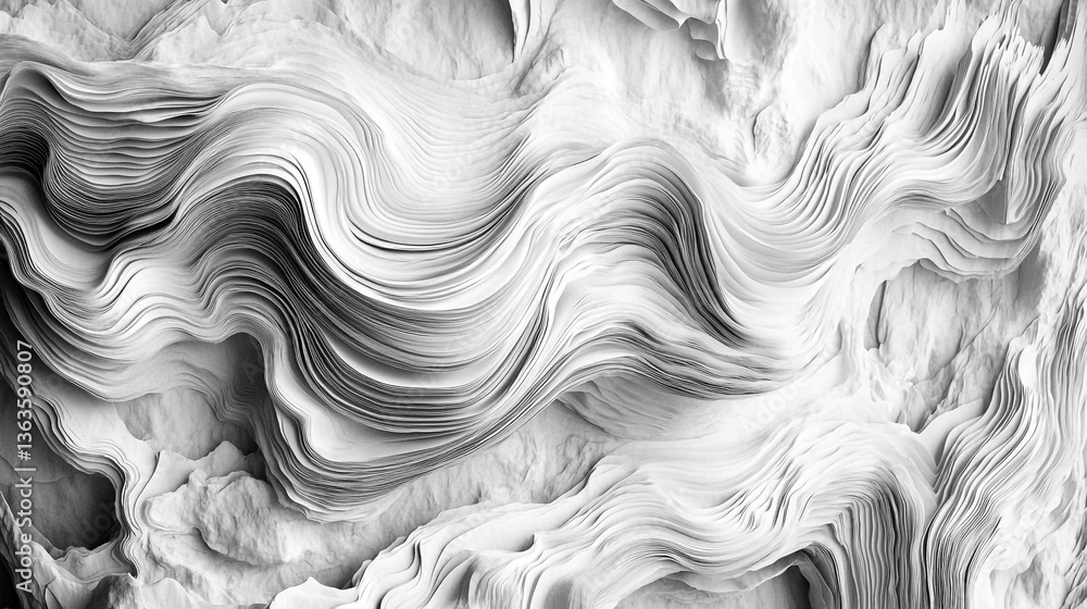 Poster abstract monochrome texture with layered waves and organic shapes in a dynamic composition