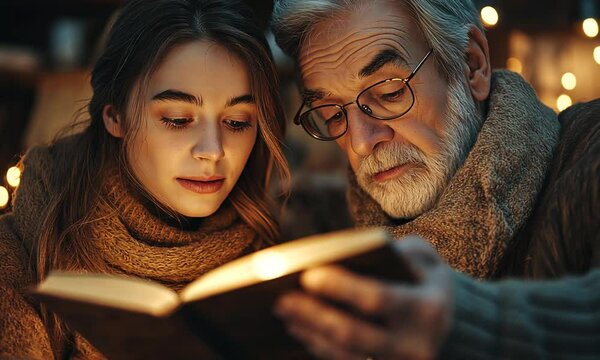 Young woman and elderly man reading a book together warmly lit by fireplace glow with soft background. Cozy intergenerational bonding concept