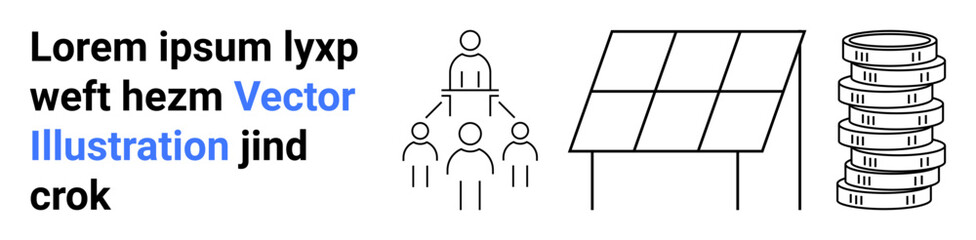 Group hierarchy chart, solar panel system, and stacked coins symbolizing teamwork, renewable energy, and financial growth. Ideal for sustainability, teamwork, energy, economics technology