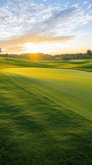 Scenic sunrise over beautiful golf course with lush green fairway