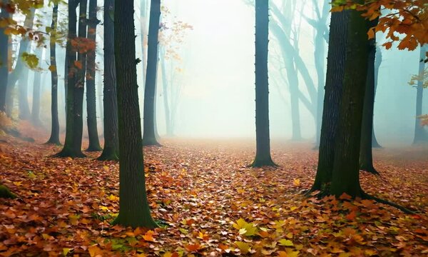 Forest in autumn morning mist