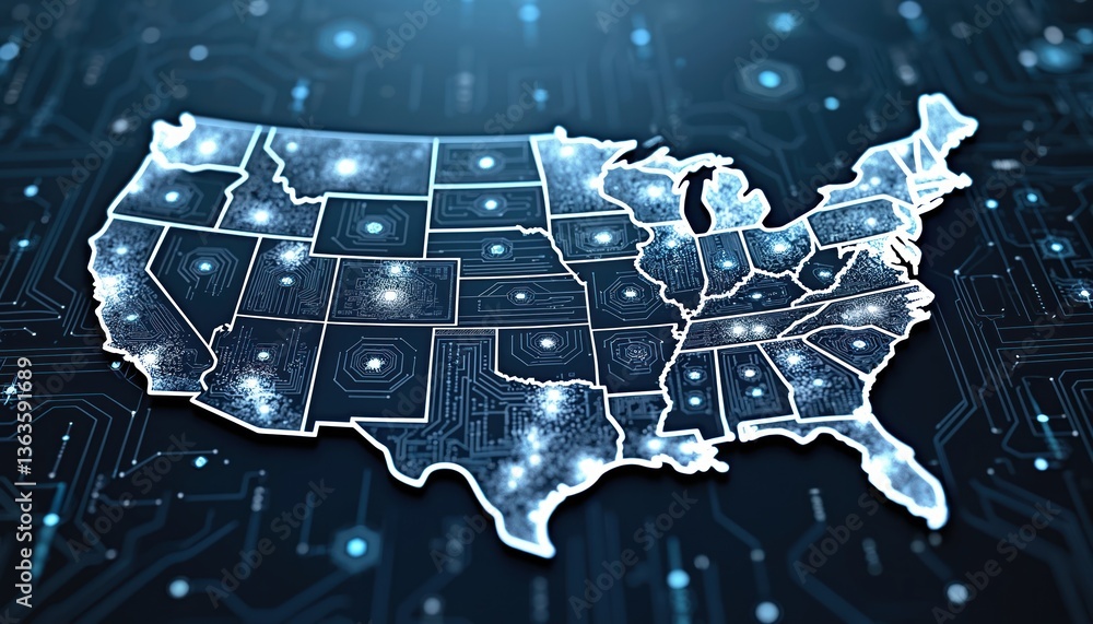 Poster futuristic illustration shows usa map crafted like circuit board. technology integral part american 