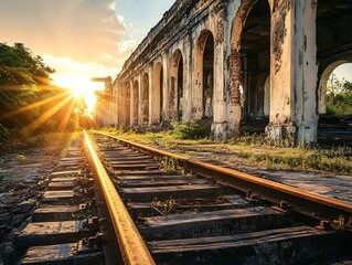 Ancient railway station setting sun casting warm light weathered stone train tracks in disrepair dramatic and atmospheric