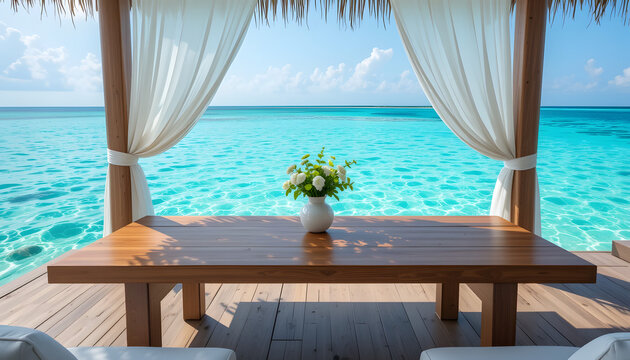 empty wood table top with vase with green plants in luxury overwater bungalow on summer background of crystal-clear lagoon with turquoise water. Soft ocean breezes move the sheer white curtains.  - Powered by Adobe