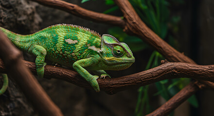 Fototapeta premium Green chameleon resting on a branch inside a terrarium, showcasing its unique texture