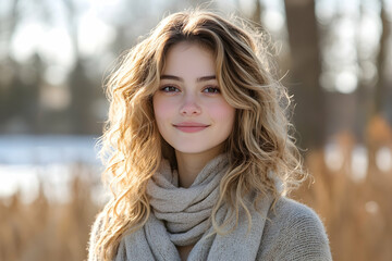 Naklejka premium Smiling young woman with wavy hair wearing a scarf in a bright winter outdoor setting