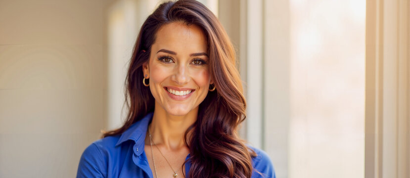 Smiling Woman in Blue Shirt Posing by Window in Natural Light