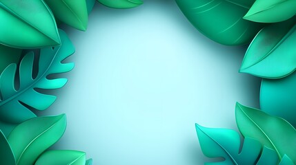 Lush green leaf border with a pastel blue backdrop exudes tropical ambiance