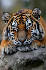 Obraz premium Sleeping tiger resting on rock Eye close-up Orange fur and black stripes