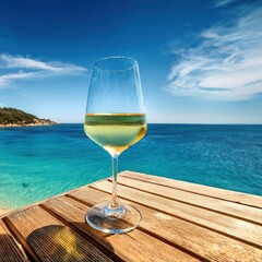 Glass of white wine on beachside wooden deck with ocean view under clear blue sky
