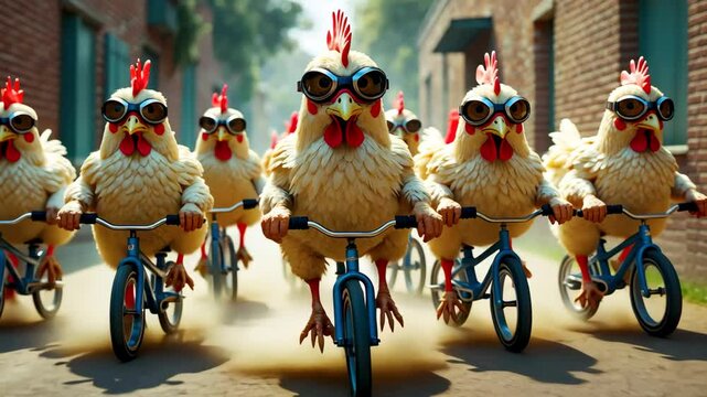 Funny chickens wearing goggles riding bicycles in a race down urban street
