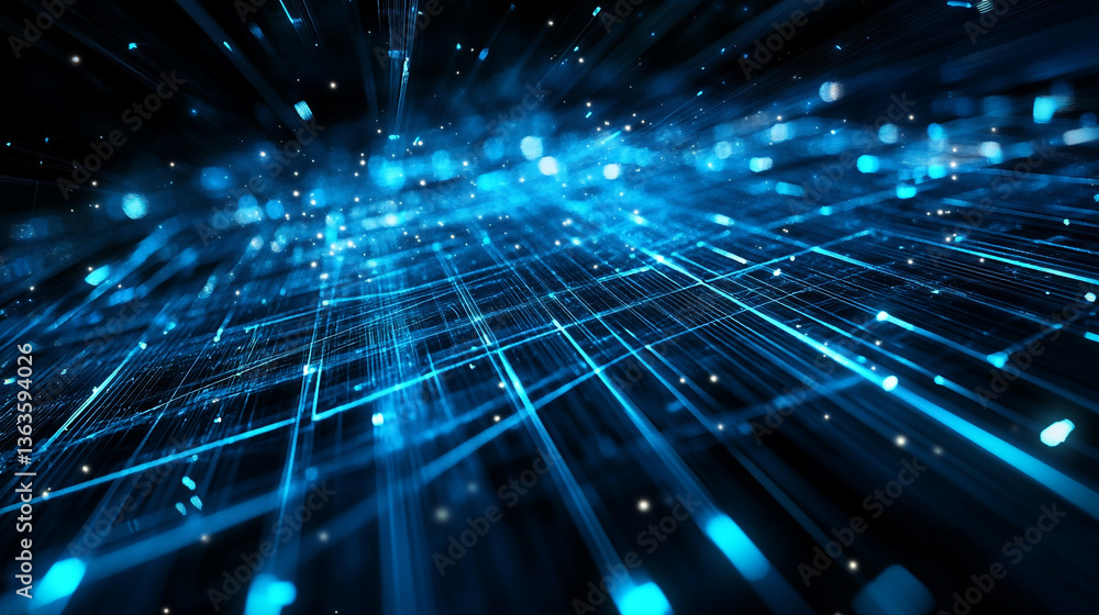 Poster abstract blue glowing lines and particles forming a grid pattern in a dark space background image
